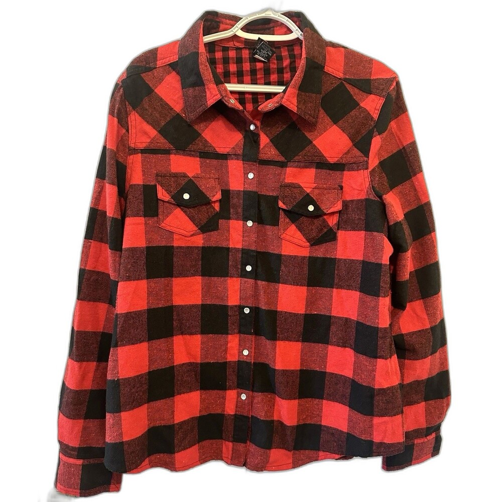 Urban Groove Women’s XL Buffalo Plaid Flannel Shirt Red Black Snap Front Pockets